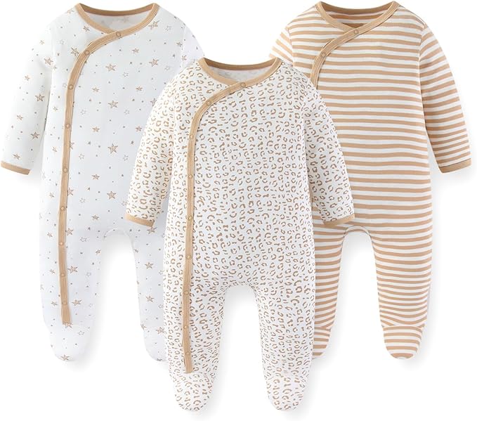 Unisex Baby Boy Girl Footies Rompers Cotton Long Sleeve 3 Pack Infant Jumpsuits 0-12Months Babies' Outfits