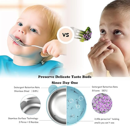 Stainless Steel Baby Bowls with Suction, 2-in-1 SUS304 Toddlers Bowl & Removable Silicone Suction Kids Bowl, Anti Scald Non Toxic Snack Container for Baby Food Feeding, Morandi Set of 4