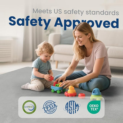 Baby Play Mat for Floor,1.3" Thick Elasti-Foam 50"×74" Playpen Mat for Tummy Time,Water Repellent Soft Coral Velvet for Toddler,Infant,Kids,Non-Slip Backing Safe for Crawling(Light Grey)