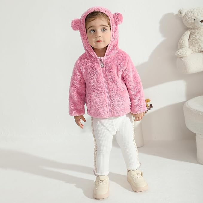 Baby Toddler Boys Girls Fleece Jacket with Hood Zip Up Cute Bear Coats for Infant Boys Girls Fuzzy Jacket with Ear 1-5T