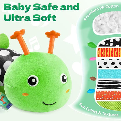 HEMRLY Baby Sensory Toy 0-6 Months, Musical Stuffed Caterpillar Plush with Teether, Crinkle, Rattle, Baby Mirror for Tummy Time, Infant Car Seat Toy for 0-3-6-12 Month Boys Girls Gifts - Winged Green