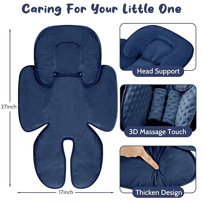 2 in 1 Infant Car Seat Insert Head and Body Support Set, Reversible Newborn Insert for Carseat with 3 Extra Strap Paddings, Soft Stroller Cushion Pillow Insert Girls, Fits for Stroller, Swing, Blue