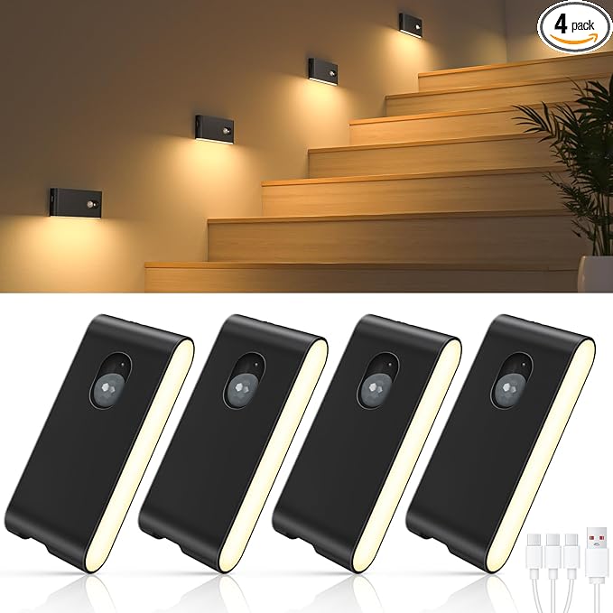 WILLED Motion Sensor Night Lights, Wireless Stair Lights Indoor, Battery Rechargeable Night Lights for Stairway, Hallway, Kitchen, Closet, Cabinet, Bedroom, Kids' Room(4-Pack)