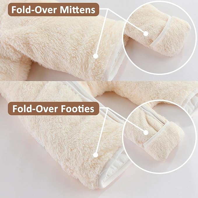 Newborn Baby Bear Outfit With Fold-Over Mittens and Footies Girls Boys Winter Fleece Clothes Hooded Romper Snowsuit