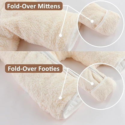 Newborn Baby Bear Outfit With Fold-Over Mittens and Footies Girls Boys Winter Fleece Clothes Hooded Romper Snowsuit