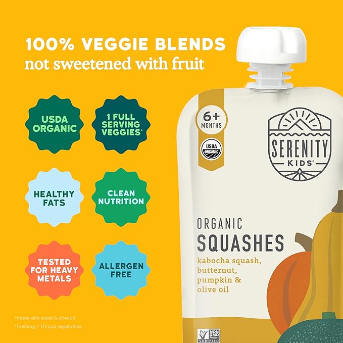 Serenity Kids 6+ Months USDA Organic Veggie Puree Baby Food Pouches | No Sugary Fruits or Added Sugar | Allergen Free | 3.5 Ounce BPA-Free Pouch | Squashes | 1 Count