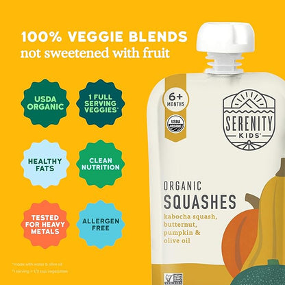 Serenity Kids 6+ Months USDA Organic Veggie Puree Baby Food Pouches | No Sugary Fruits or Added Sugar | Allergen Free | 3.5 Ounce BPA-Free Pouch | Squashes | 1 Count