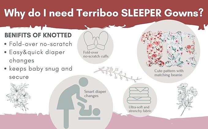 Newborn Baby Boy Long Sleeve Sleeper Gown with Mittens Knotted Gown Coming Home Outfit Nightgown Hat Set 2 Pieces