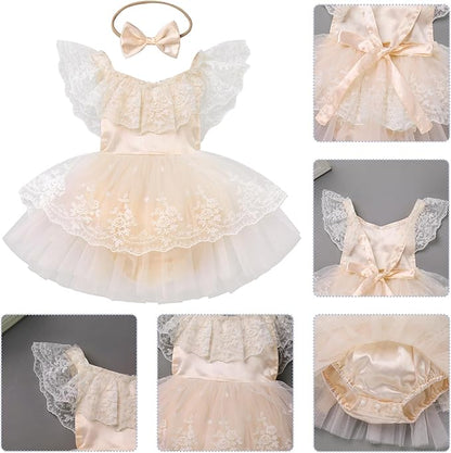 FYMNSI Infant Baby Girl 1st Birthday Outfit Floral Lace Tulle Romper Tutu Dress Headband 2PCS Bodysuit Princess Summer Clothe