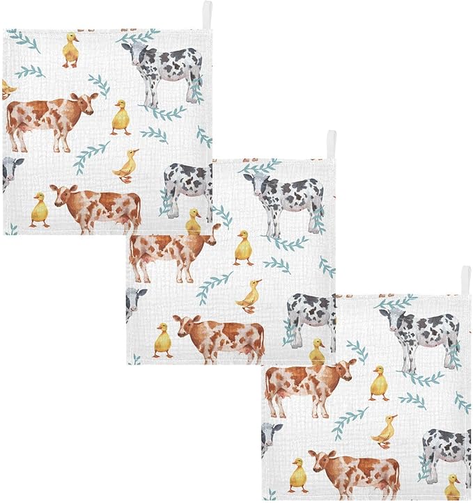 vvfelixl Baby Muslin Washcloths Farm Animals Cows Duckling Baby Burp Cloths Cotton Baby Face Towel for Newborn Infants Boys Girls Soft and Absorbent 11.8 X 11.8 in, 3 Pack