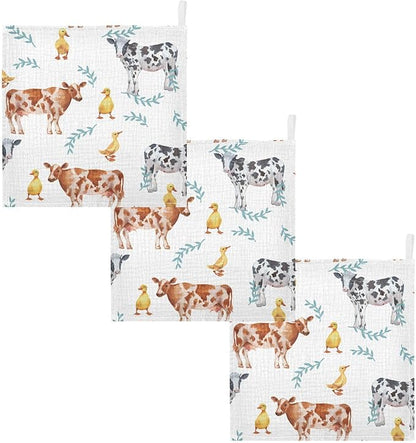 vvfelixl Baby Muslin Washcloths Farm Animals Cows Duckling Baby Burp Cloths Cotton Baby Face Towel for Newborn Infants Boys Girls Soft and Absorbent 11.8 X 11.8 in, 3 Pack