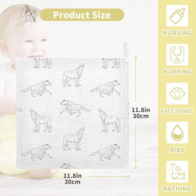 vvfelixl Wolf Black Outline Sketch Baby Burp Cloths Baby Muslin Washcloths for Boys Girls Cotton Baby Face Towel for Newborn Infants Soft and Absorbent 11.8 X 11.8 in, 5 Pack