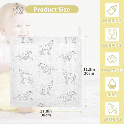 vvfelixl Wolf Black Outline Sketch Baby Burp Cloths Baby Muslin Washcloths for Boys Girls Cotton Baby Face Towel for Newborn Infants Soft and Absorbent 11.8 X 11.8 in, 5 Pack
