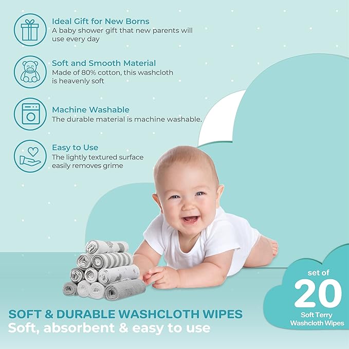 Spasilk 20-Piece Washcloth Set for Newborn Boys and Girls, Soft Terry Baby Washcloths, Baby Essentials, Gray Celestial