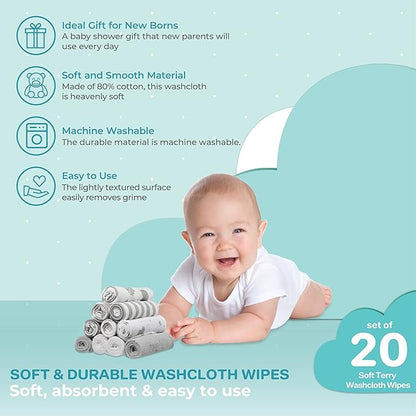 Spasilk 20-Piece Washcloth Set for Newborn Boys and Girls, Soft Terry Baby Washcloths, Baby Essentials, Gray Celestial