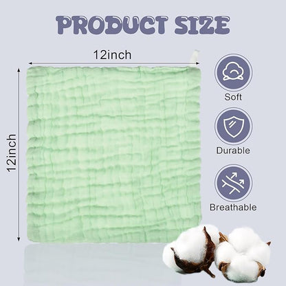 Breling 20 Pcs Baby Muslin Washcloth 12 x 12 Inch 100% Cotton Soft and Absorbent Muslin Washcloth Burp Cloth Wipe Newborn Face Towel for Baby Boy Girl Sensitive Skin(White, Light Green, Green)