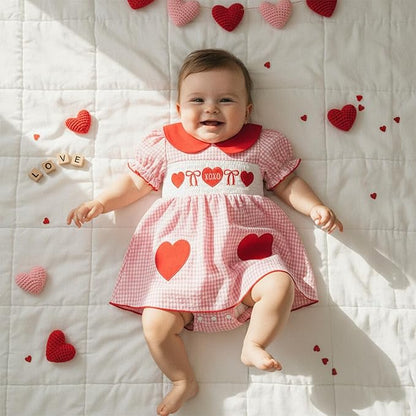 Baby Girl Valentines Day Outfit Newborn Romper Dress Heart Embroidery Puff Short Sleeve Plaid Skirt Hem Jumpsuit