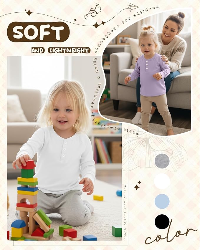 4 Pack Boys' Long Sleeve Shirts Girls' Henley Tees Toddler Baby Knit Casual Tops Kids Fall Clothes Unisex