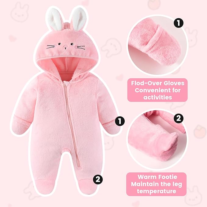 JiAmy Baby Snowsuit Baby Bear Hooded Onesie With Fold-Over Newborn Animals Fleece Outifts Thin Fall Winter Outfits