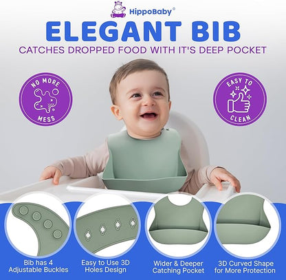 Baby Led Weaning Supplies | 10 Piece Silicone Baby Feeding Set, Baby Toddler Bib Cup Divided Plate and Bowl Self Feeding Spoons Dish Set,Baby Utensils | Toddler Feeding Supplies