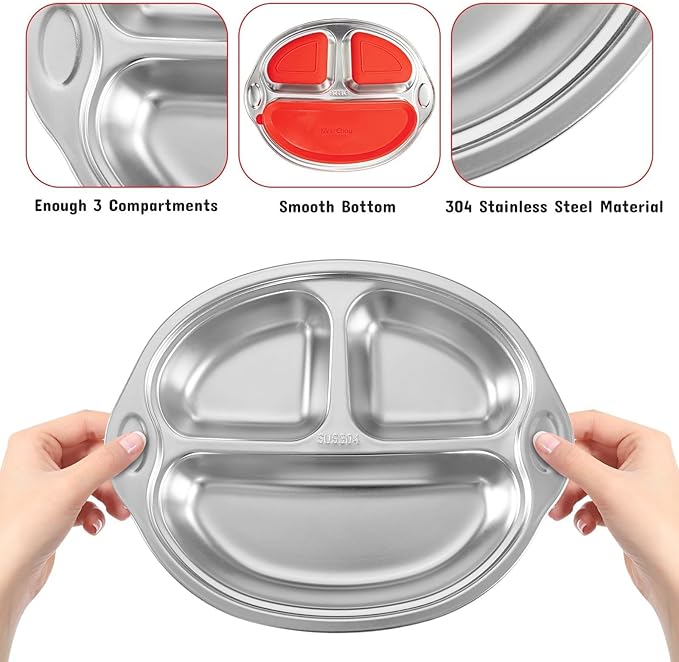 Mrs. Chou® Stainless Steel Baby Suction Plates: Divided Plates for Babies & Toddlers, BPA-Free, Dishwasher Safe, Red