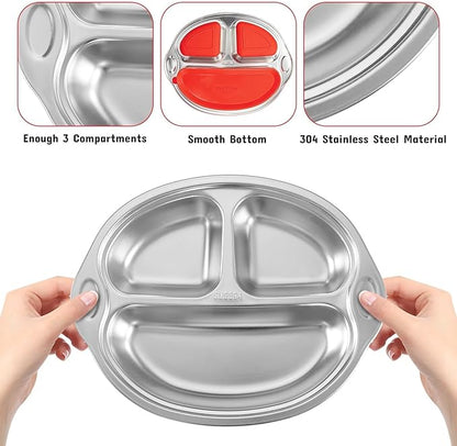 Mrs. Chou® Stainless Steel Baby Suction Plates: Divided Plates for Babies & Toddlers, BPA-Free, Dishwasher Safe, Red
