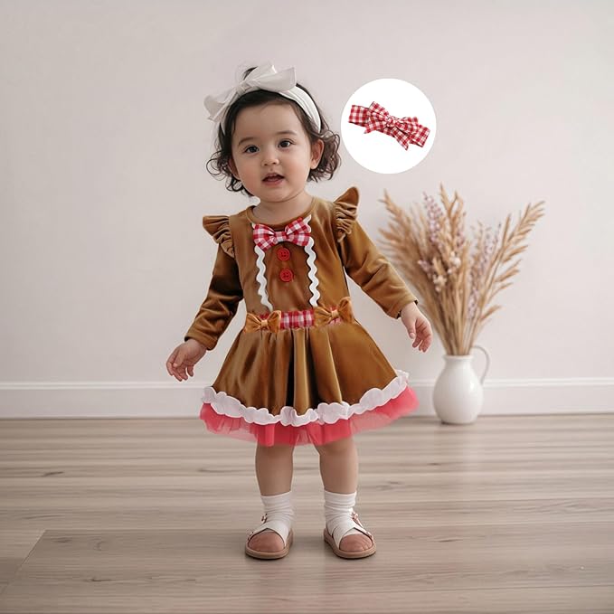 Hnyenmcko Newborn Baby Girl Christmas Clothes Infant Red Plaid Romper Dress Ruffle Long Sleeve Ribbed Bodysuit Headband Set