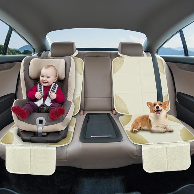 Musclez Baby Car Seat Protectors for Child Car Seat, Baby Car Seat Cover Waterproof 600D Fabric Padding Non-Slip Backing 2 Mesh Pockets, Carseat Protector for Travel Vehicles Baby Pets (White-2pcs)