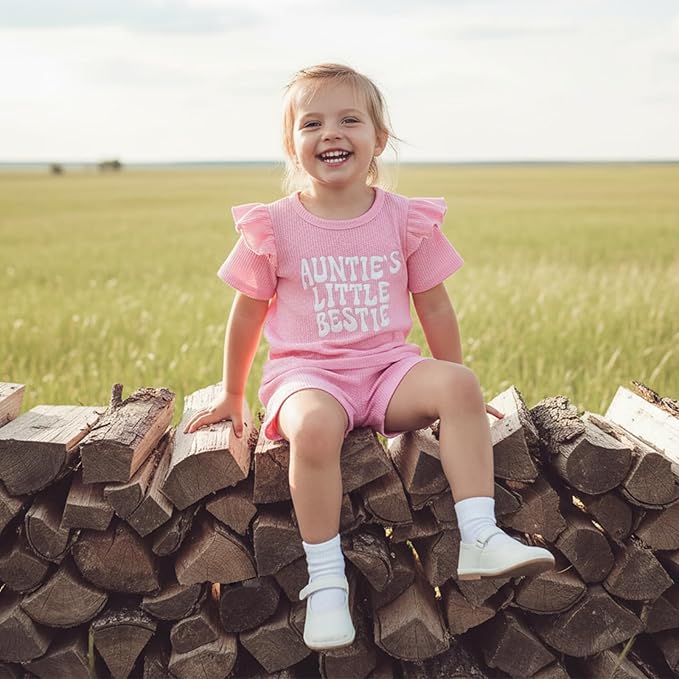 Toddler Baby Girl Summer Clothes Ruffle Waffle T Shirt Tops Shorts Set Auntie's Little Bestie Infant Cute Outfits