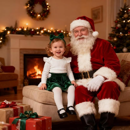 Baby Girls Christmas Outfit Long Sleeve Ruffled Romper+Green Red Velvet Tutu Skirt+Headband Xmas Dress
