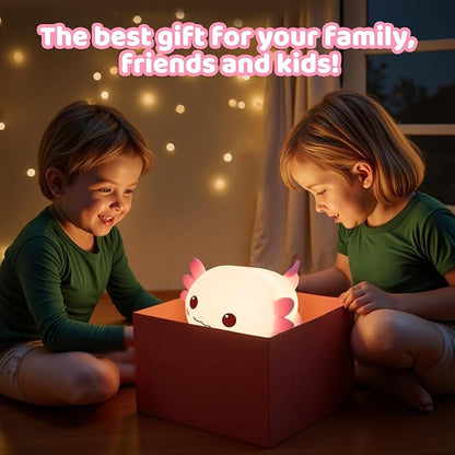 Mewaii Huggwaii Squishy Axolotl Night Light for Kids – Dimmable Silicone Axolotl Lamp, 2025 Upgraded Baby Night Light, Rechargeable, 20H Battery Life, Sleep Aid Gift for Toddlers, Girls&Room Decor