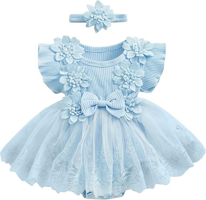 Infant Baby Girl Lace Romper Baby Tulle Dress Romper Flowers Bodysuit Spring Summer Festival Clothes with Headband