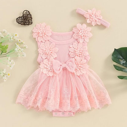 Infant Baby Girl Lace Romper Baby Tulle Dress Romper Flowers Bodysuit Spring Summer Festival Clothes with Headband