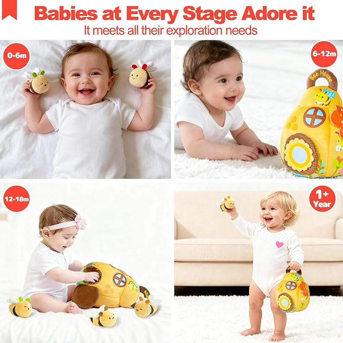 Baby Toys for Baby Infant 0-3-6-12 Months, Soft Beehive Toddlers Busy Toys with 5 Sensory Plush Bees - Bells, Crinkle, Rattles, Mirror & Textures, Stuffed Animals for Boy, Girl Christmas Birthday Gift