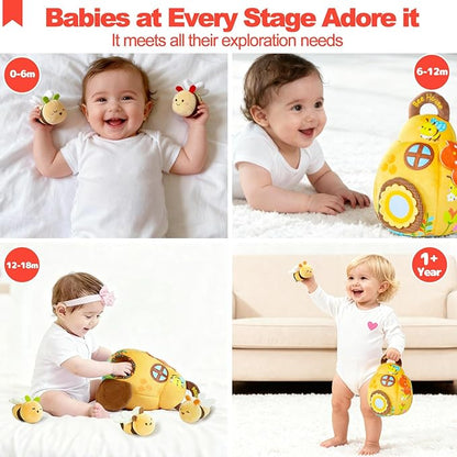 Baby Toys for Baby Infant 0-3-6-12 Months, Soft Beehive Toddlers Busy Toys with 5 Sensory Plush Bees - Bells, Crinkle, Rattles, Mirror & Textures, Stuffed Animals for Boy, Girl Christmas Birthday Gift