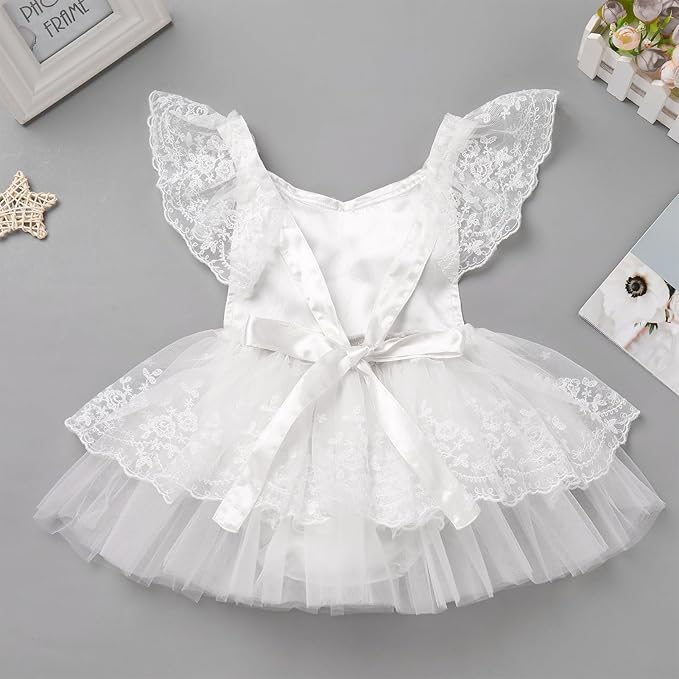 FYMNSI Infant Baby Girl 1st Birthday Outfit Floral Lace Tulle Romper Tutu Dress Headband 2PCS Bodysuit Princess Summer Clothe
