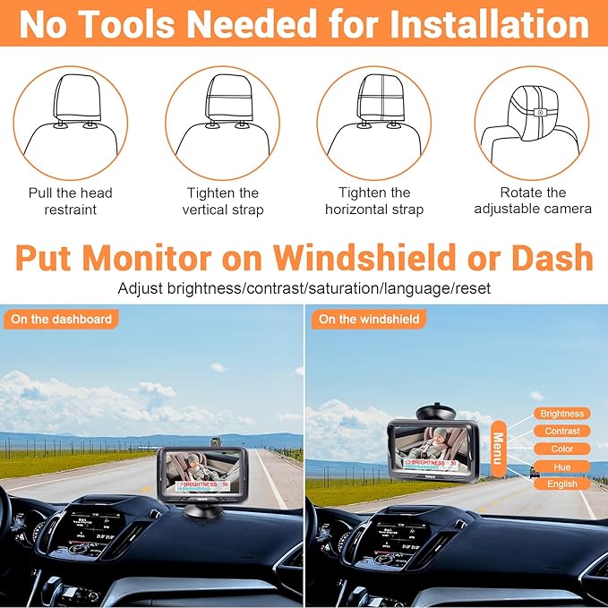 Rohent Car Baby Monitor with Camera - 1080P HD, 360° Adjustable, Night Vision, 150° Wide-Angle Lens, Easy Installation, Perfect Match for Beige Car Interiors, Ideal for Parents & Families