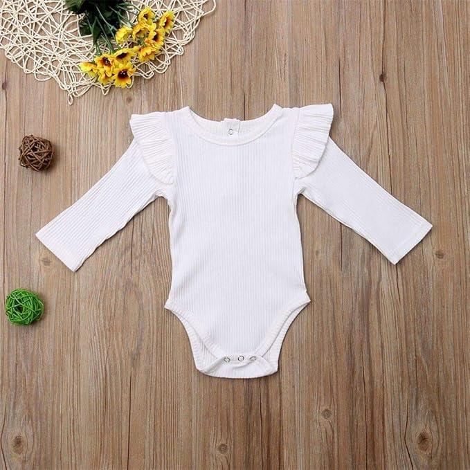Mubineo Infant Baby Girl Basic Plain Rib Knit Ruffle Long Sleeve Romper Bodysuit Tops