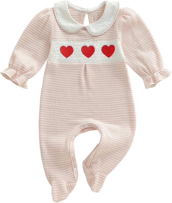 Gaono Newborn Baby Girl Romper Waffle Knit Striped Long Sleeve Doll Collar Heart Bow Jumpsuit Bodysuit Fall Winter Clothes