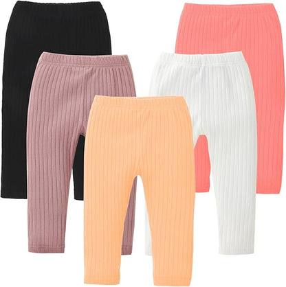 DREAM BUS 5 Pack Toddler Girl Pants Baby Girl Solid Ribbed Pants Toddler Girls Bottoms Leggings Newborn Cotton Jogger