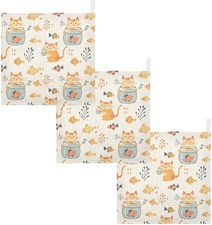 vvfelixl Baby Muslin Washcloths Cat Watch Fish Tank Baby Burp Cloths Cotton Babys Face Towel for Newborn Infants Boys Girls Soft and Absorbent 11.8 X 11.8 in, 3 Pack