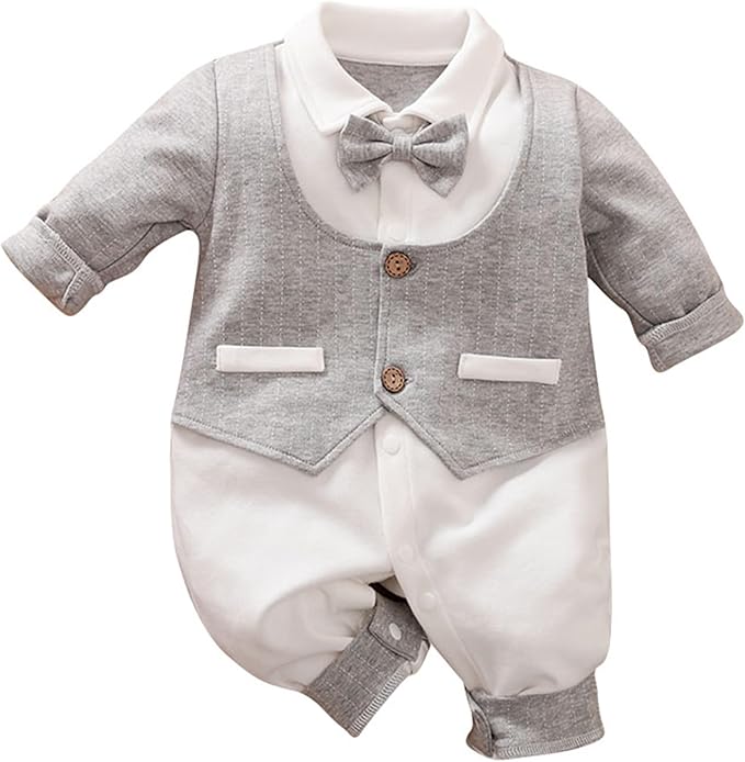 HUAANIUE Newborn Baby Boys Gentleman Romper One Piece Long Sleeve Bowtie Outfit Formal Wear Tuxedo Suit