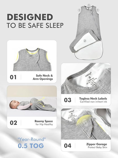 HAPIU Unisex Rayon Made from Bamboo Baby Sleep Sack TOG 0.5, 2-Way Zipper YKK, Wearable Blanket Toddler
