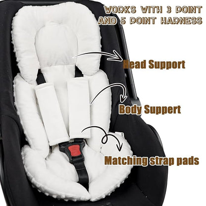 GFU Infant Car Seat Insert Head and Body Support, Reversible Newborn Insert for Carseat with Strap Pads, Soft Stroller Cushion Pillow Insert for Boys and Girls, Fits for Stroller, Swing, White