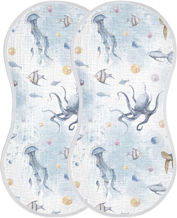 vvfelixl Muslin Burp Cloths Sea Turtle and Octopus Baby Washcloths for Baby Girl Boys 2 Pack