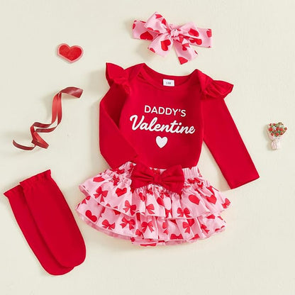 My First Valentines Baby Girl Outfit Newborn Long Sleeve Romper Skirt 4Pcs Set Valentines Baby Winter Spring Clothes