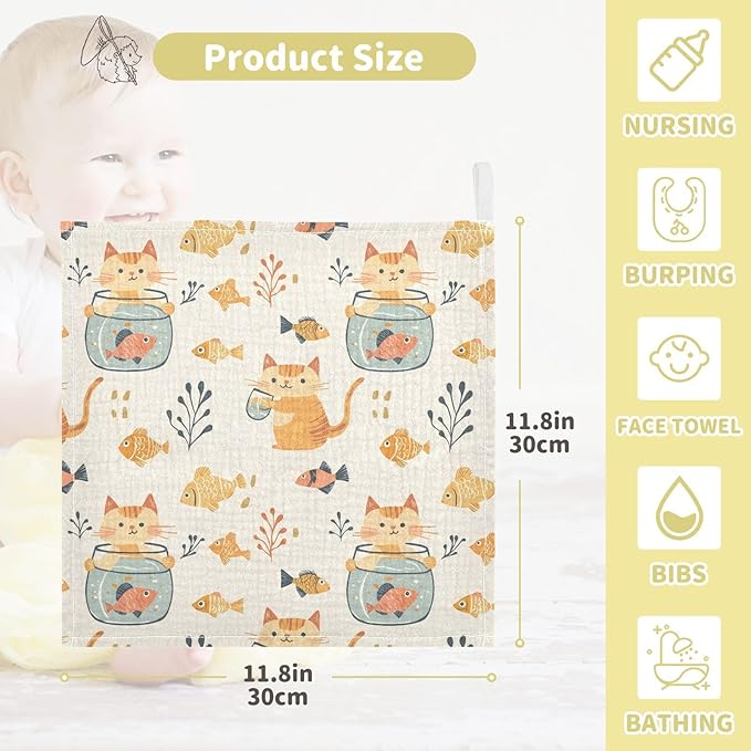 vvfelixl Baby Muslin Washcloths Cat Watch Fish Tank Baby Burp Cloths Cotton Babys Face Towel for Newborn Infants Boys Girls Soft and Absorbent 11.8 X 11.8 in, 3 Pack