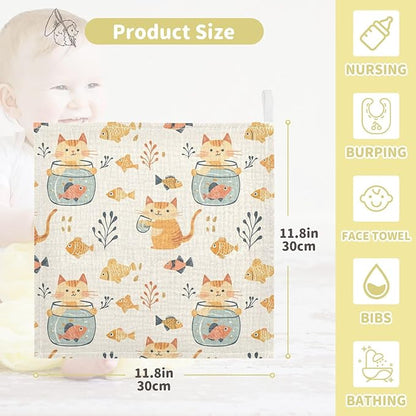 vvfelixl Baby Muslin Washcloths Cat Watch Fish Tank Baby Burp Cloths Cotton Babys Face Towel for Newborn Infants Boys Girls Soft and Absorbent 11.8 X 11.8 in, 3 Pack