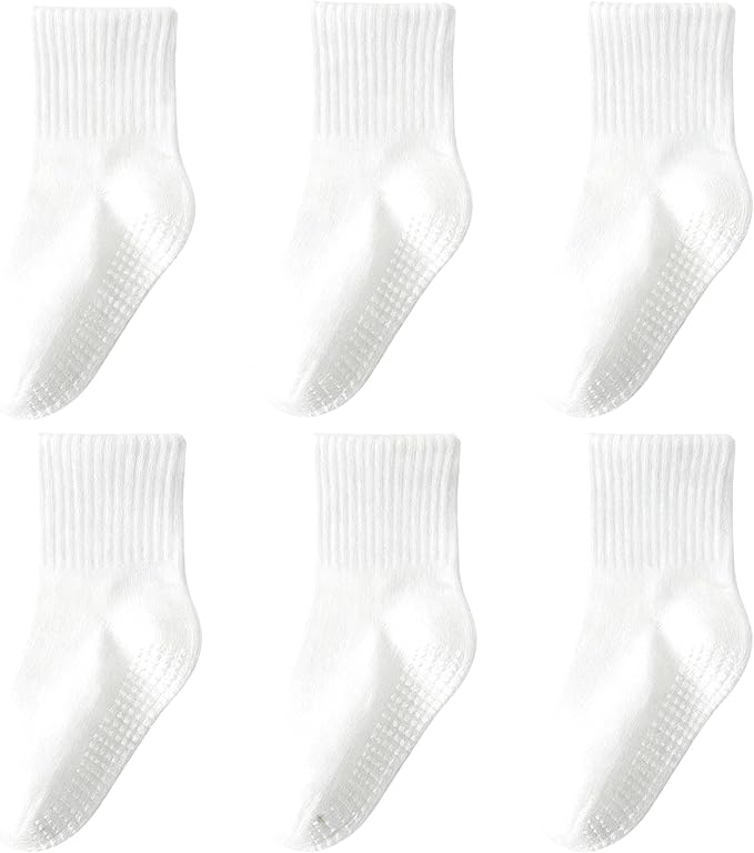 Toddler Grip Socks with Non-Slip, Unisex Baby Retro Stripe Seamless Crew Ankle Cotton Socks for Girls Boys 6 Pairs