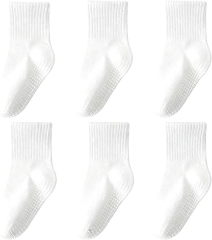 Toddler Grip Socks with Non-Slip, Unisex Baby Retro Stripe Seamless Crew Ankle Cotton Socks for Girls Boys 6 Pairs